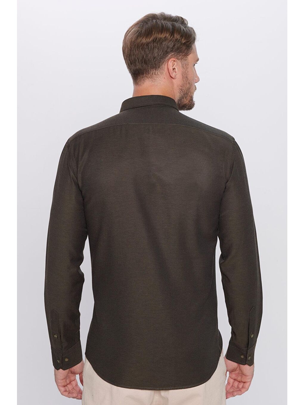 Erkek Modern Fit Dar Kesim Pamuklu Kolay Ütü Armürlü Haki Gömlek-4
