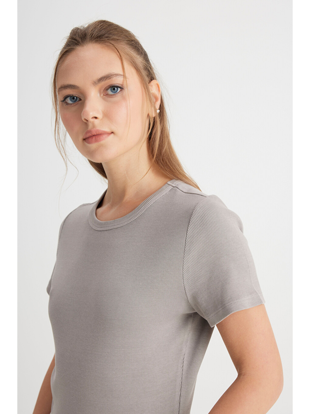 Slim Fit Dar Kesim Bisiklet Yaka Gri Tişört-1