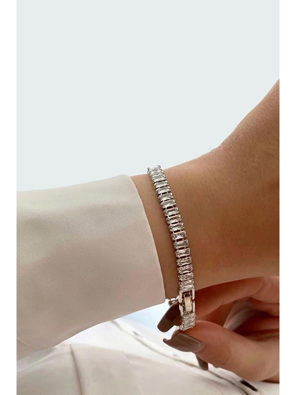 Gri Baget Kesim Rhinestone Suyolu Gümüş Renkli Bileklik-3