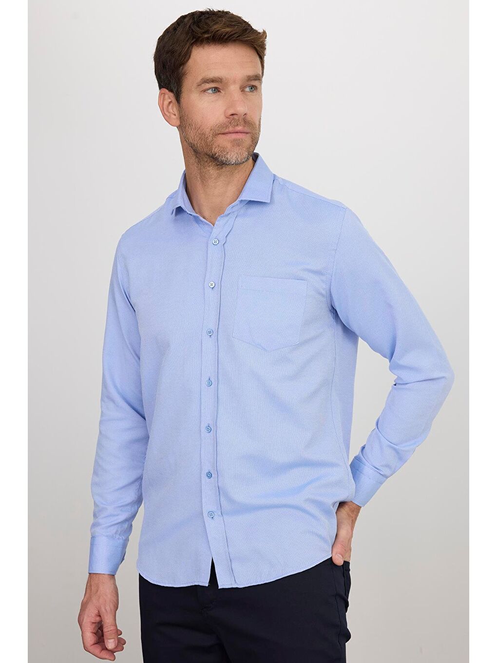 Erkek Regular Fit Klasik Kesim Pamuklu Kolay Ütü Armürlü Mavi Gömlek-3