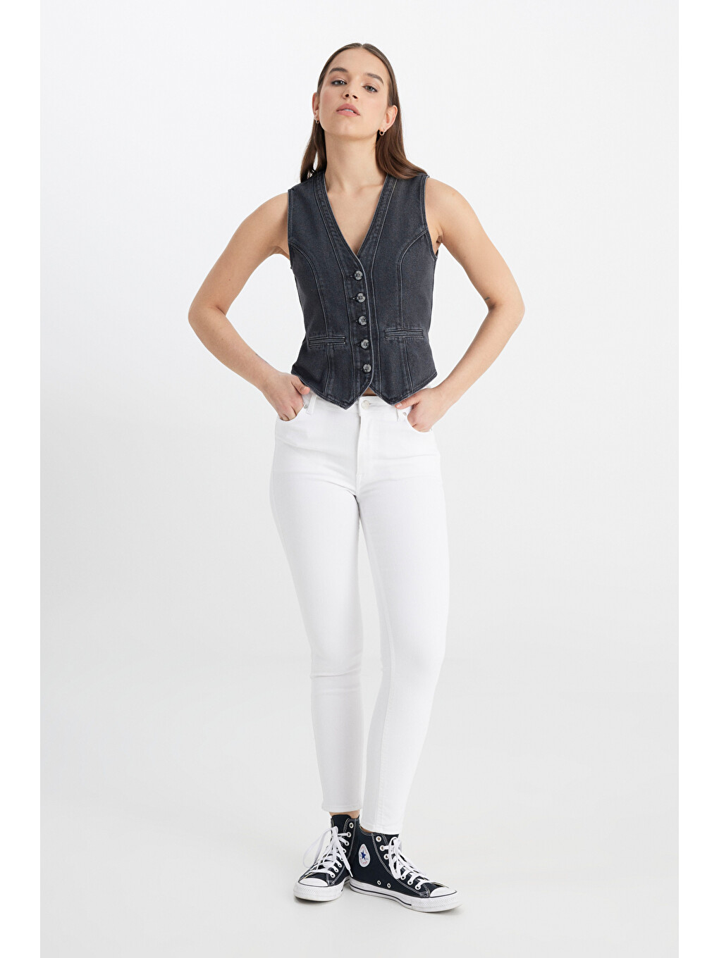 Regular Fit V Yaka %100 Pamuk Antrasit Jean Yelek-2