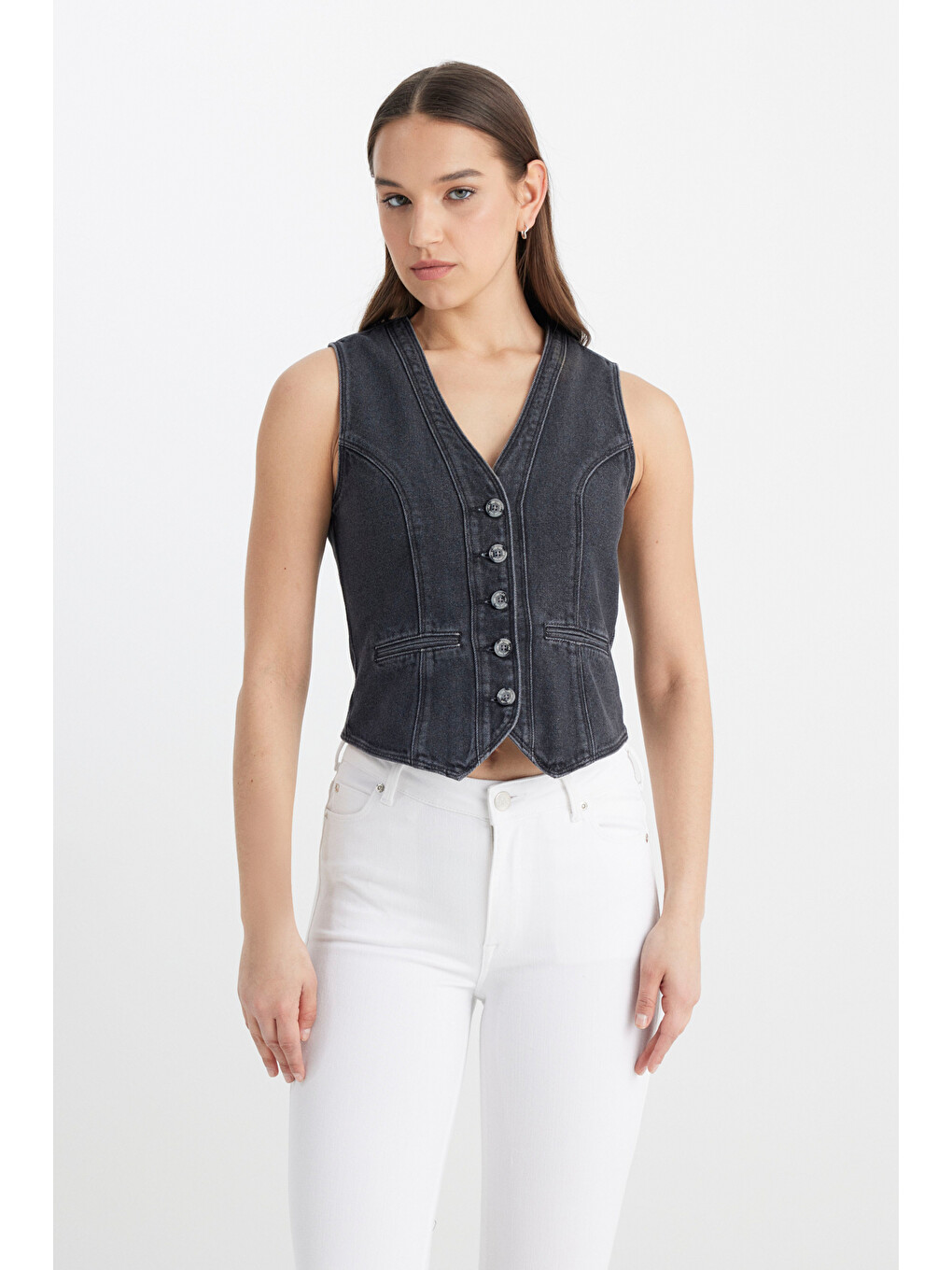 Regular Fit V Yaka %100 Pamuk Antrasit Jean Yelek-3