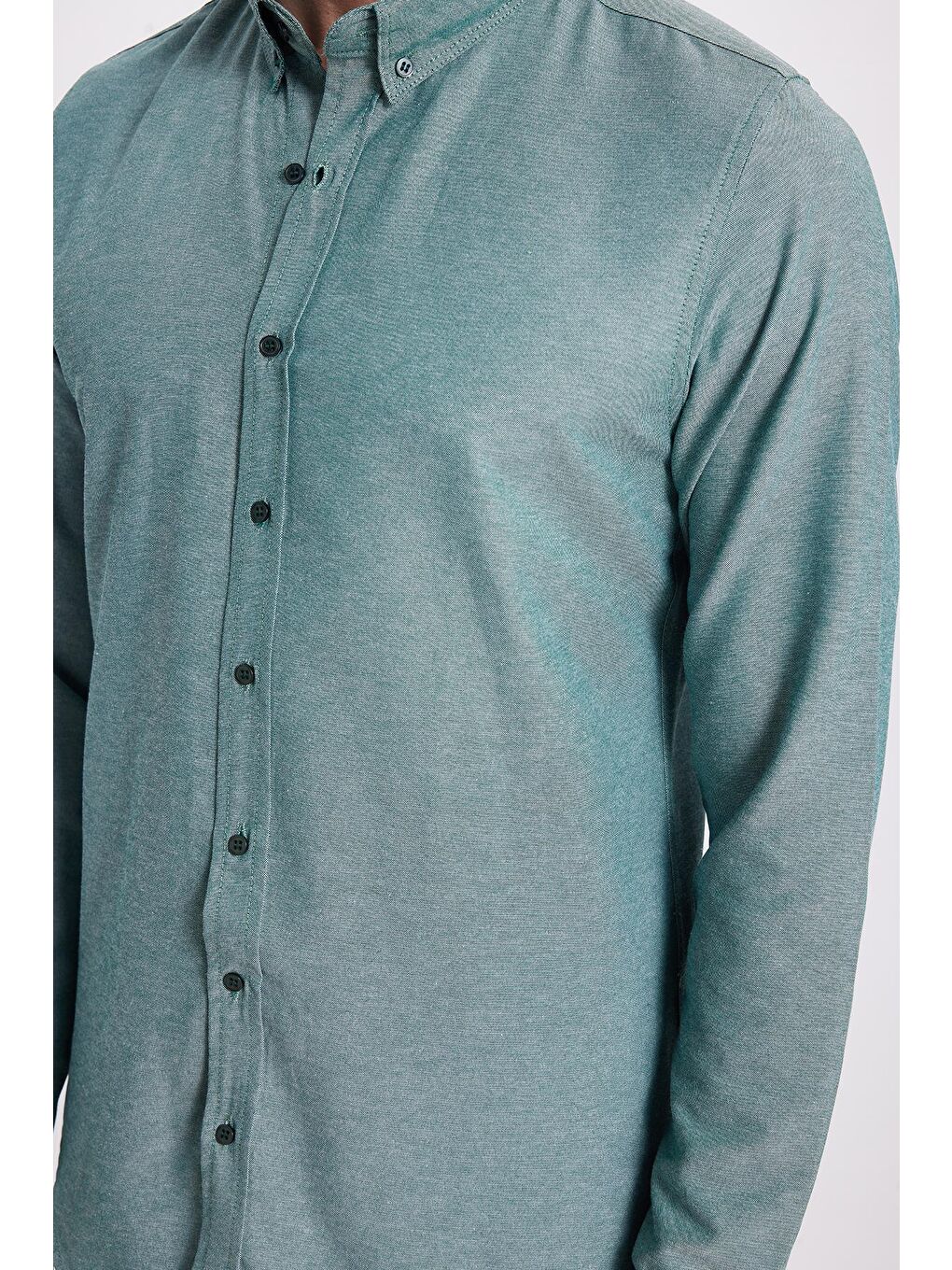 Erkek Slim Fit Dar Kesim Uzun Kollu Pamuklu Oxford Doku Kolay Ütü Yeşil Düğmeli Yaka Gömlek-2