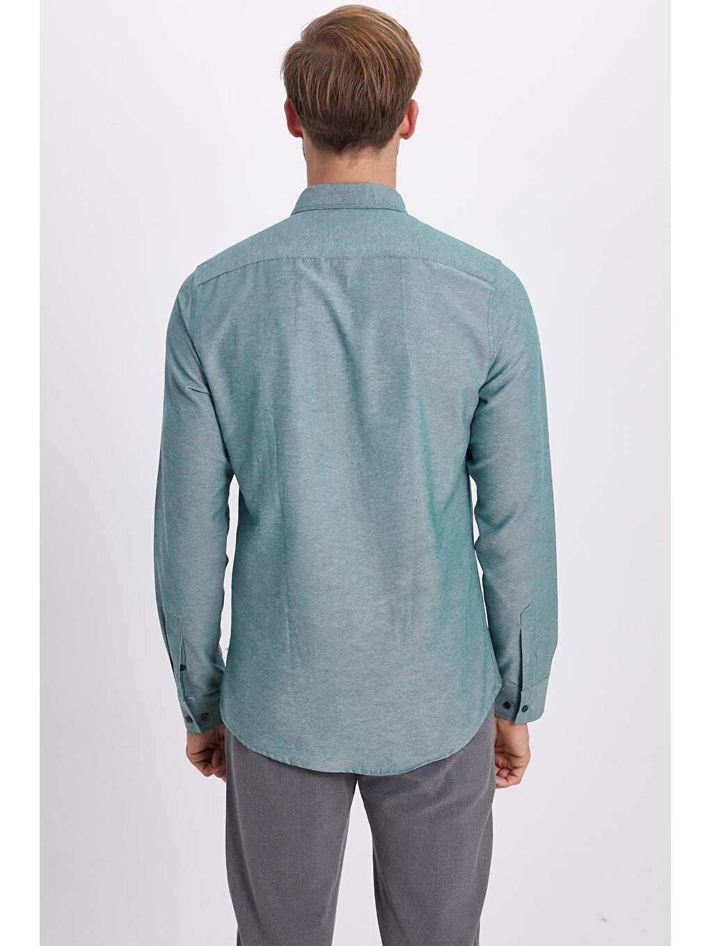 Erkek Slim Fit Dar Kesim Uzun Kollu Pamuklu Oxford Doku Kolay Ütü Yeşil Düğmeli Yaka Gömlek-6