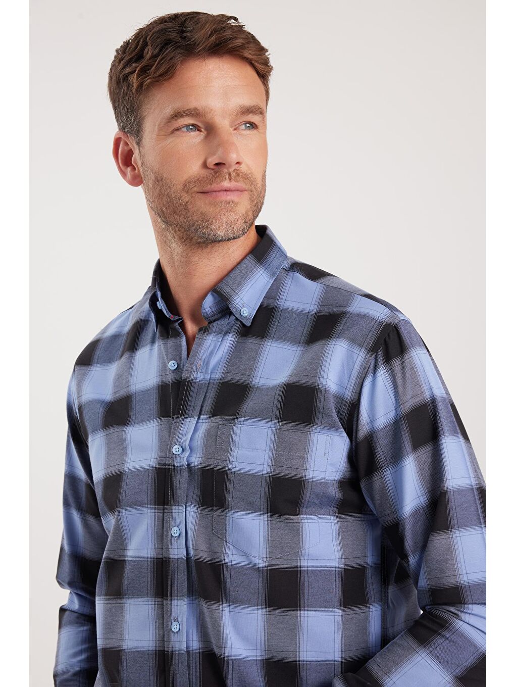 Karışık Erkek Regular Fit Klasik Kesim Düğmeli Yaka Küçük Kareli Pamuklu Gömlek-1
