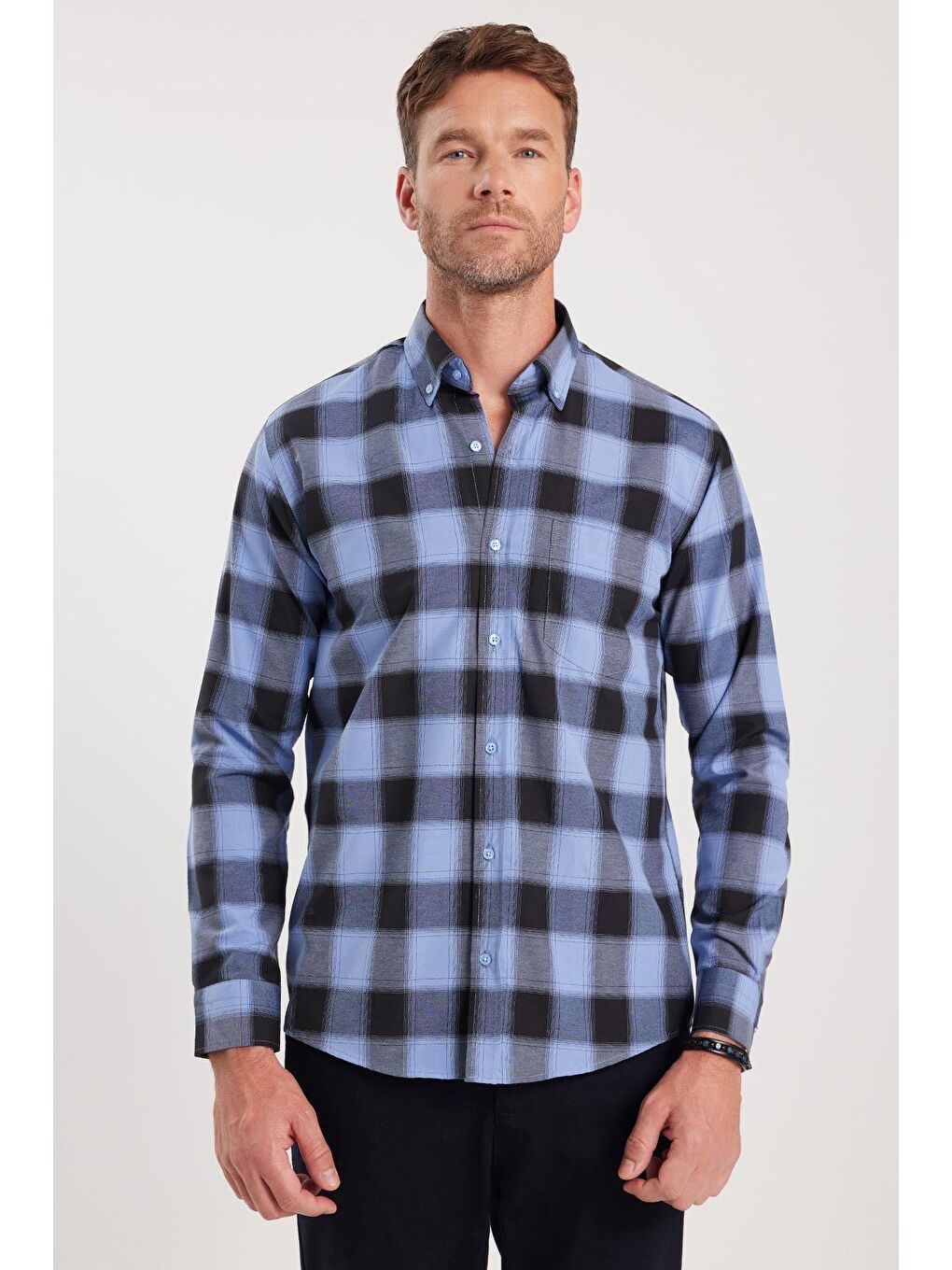 Karışık Erkek Regular Fit Klasik Kesim Düğmeli Yaka Küçük Kareli Pamuklu Gömlek-3