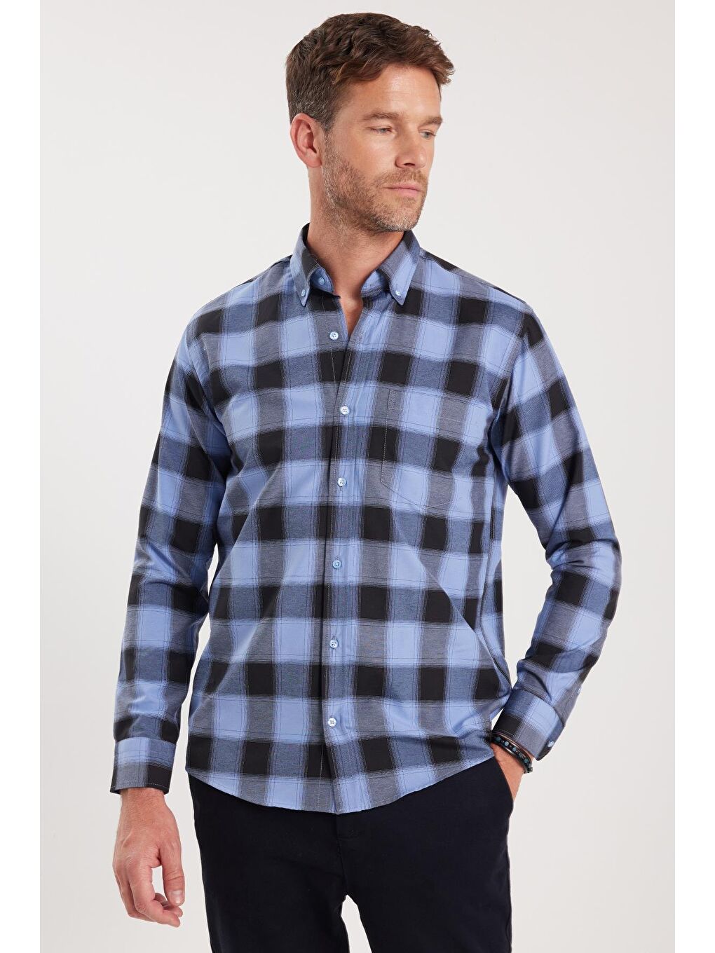 Karışık Erkek Regular Fit Klasik Kesim Düğmeli Yaka Küçük Kareli Pamuklu Gömlek-4