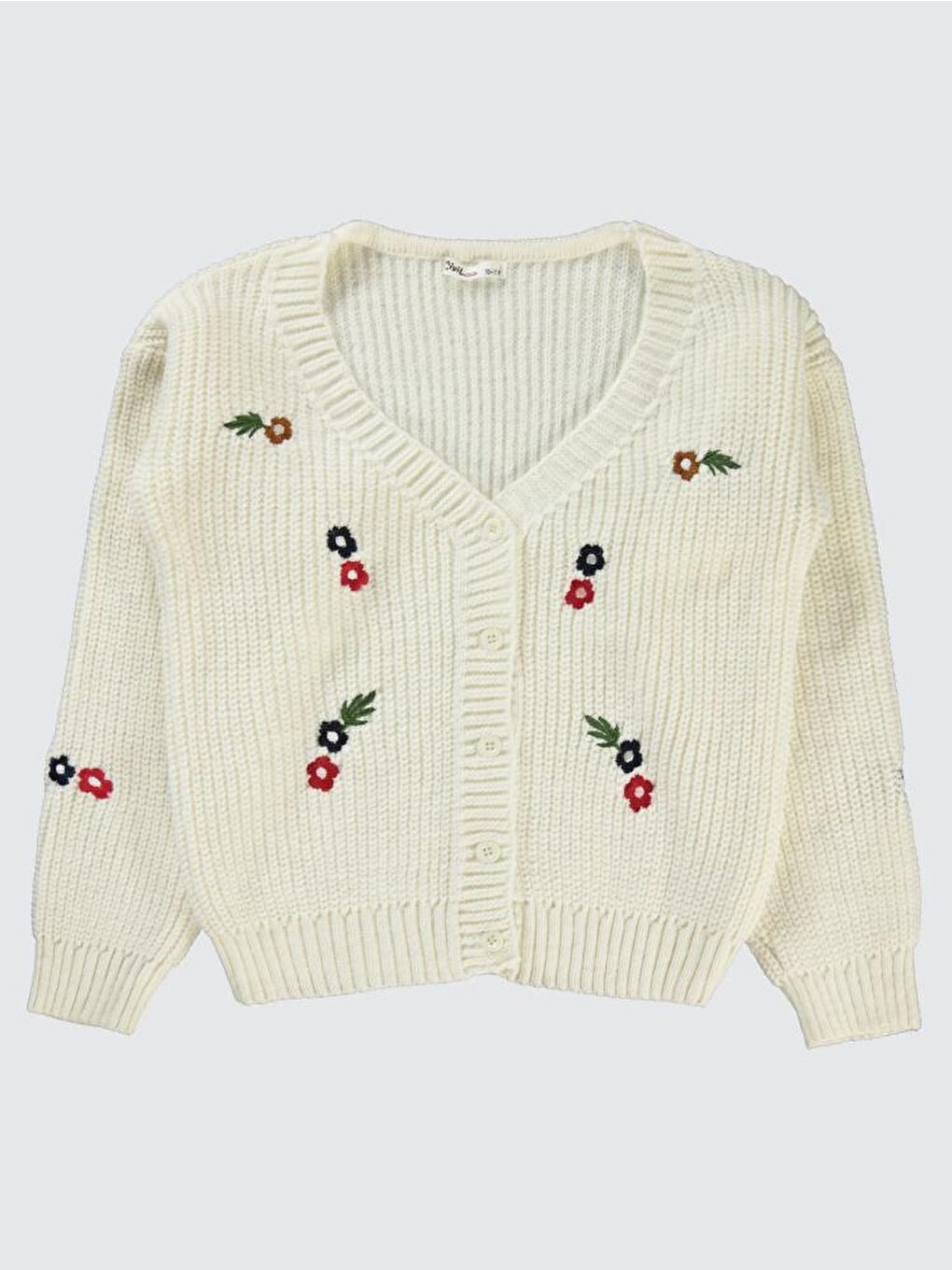 Ekru Girls Çiçek Nakışlı 10-13 Yaş Hırka-1