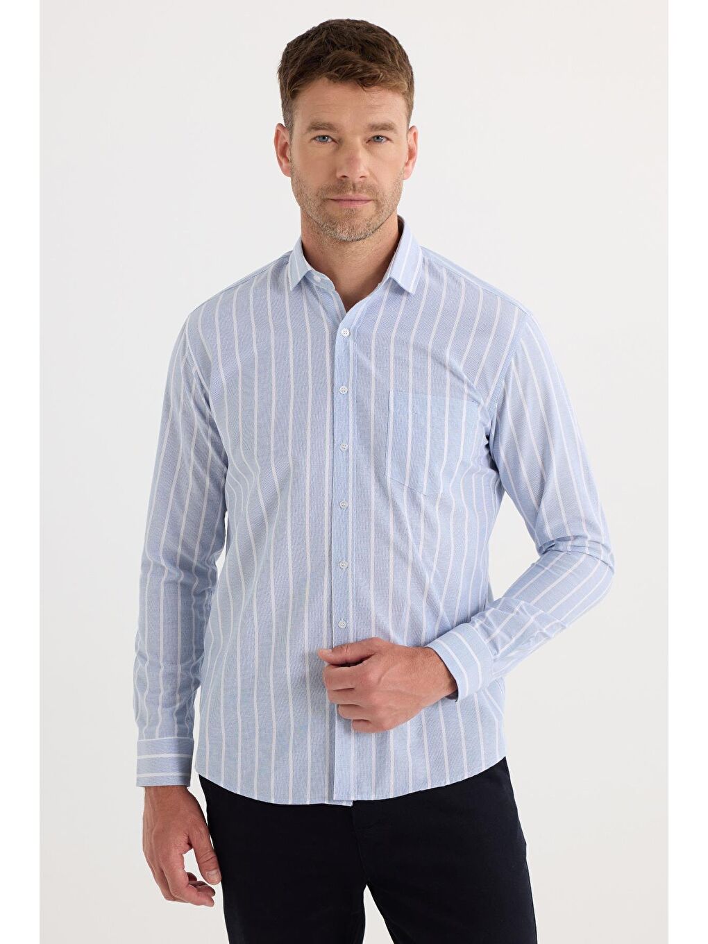 Karışık Erkek Regular Fit Klasik Kesim Pamuklu Kolay Ütü Çizgili Gömlek