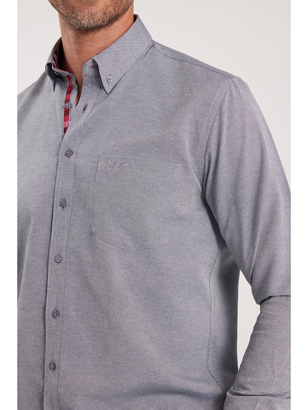 Erkek Regular Fit Klasik Kesim Pamuklu Oxford Doku Tek Cepli Gri Düğmeli Yaka Gömlek-2