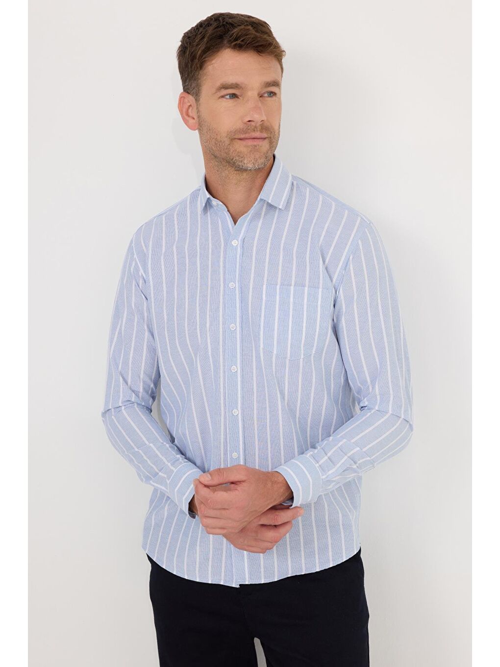 Karışık Erkek Regular Fit Klasik Kesim Pamuklu Kolay Ütü Çizgili Gömlek-4