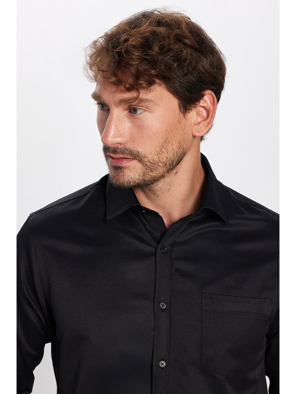 Erkek Regular Fit Klasik Kesim Pamuklu Tek Cepli Armürlü Siyah Gömlek-1