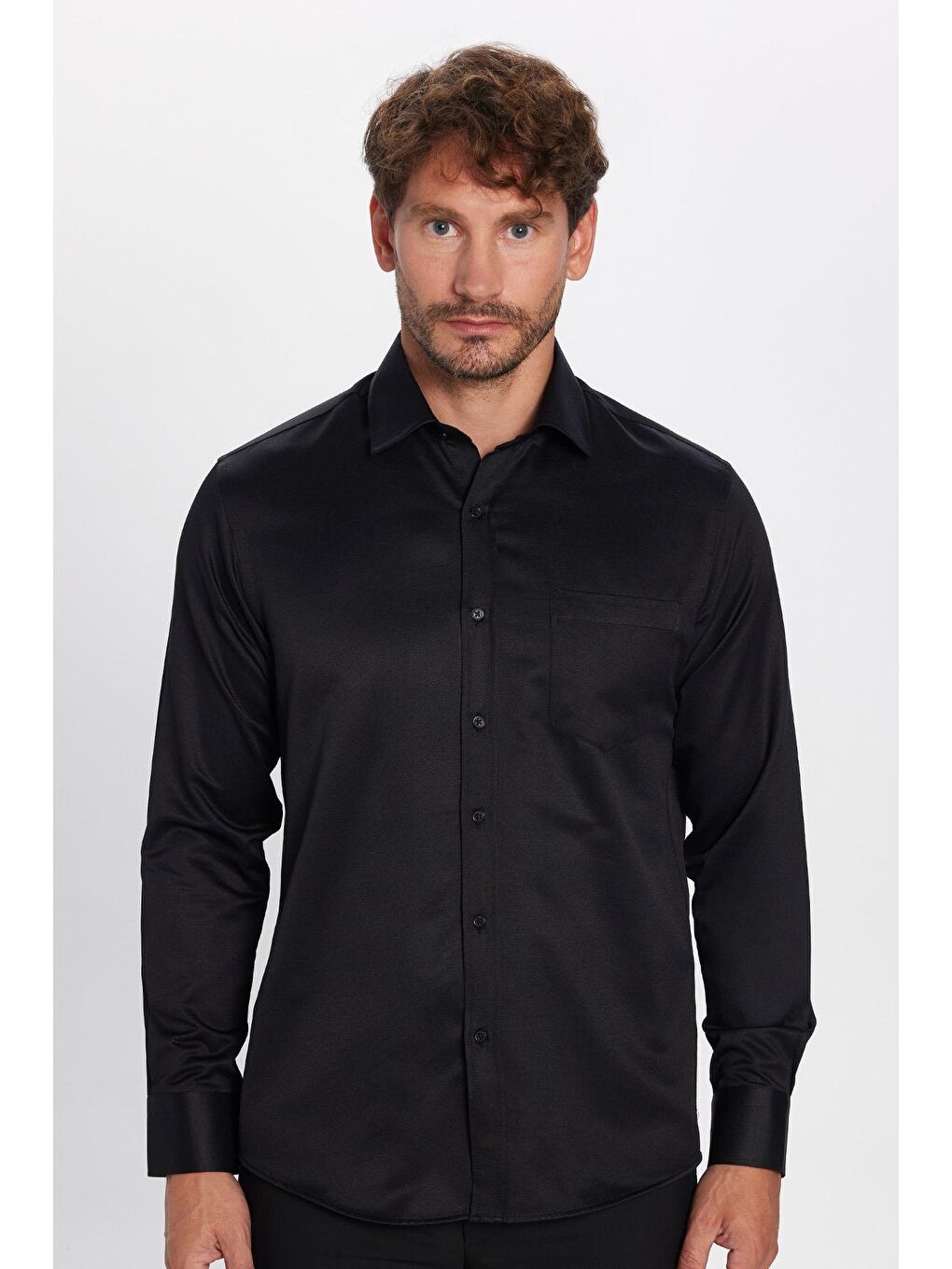 Erkek Regular Fit Klasik Kesim Pamuklu Tek Cepli Armürlü Siyah Gömlek-2