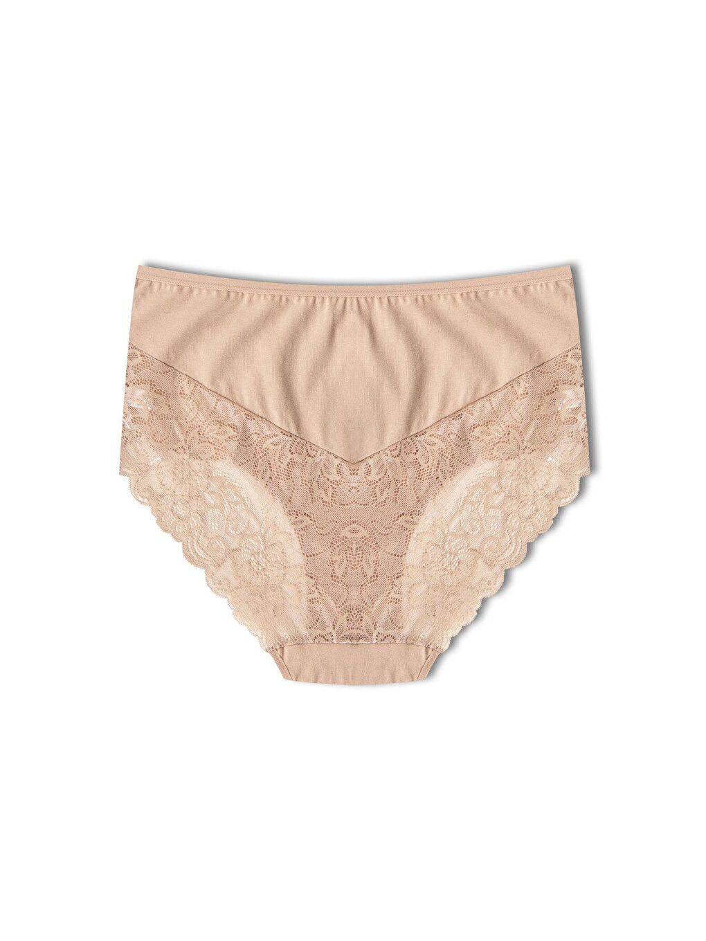 Bej Pamuklu Yüksek Bel Büyük Beden Paçası Dantel Kadın Külot 2'li-3