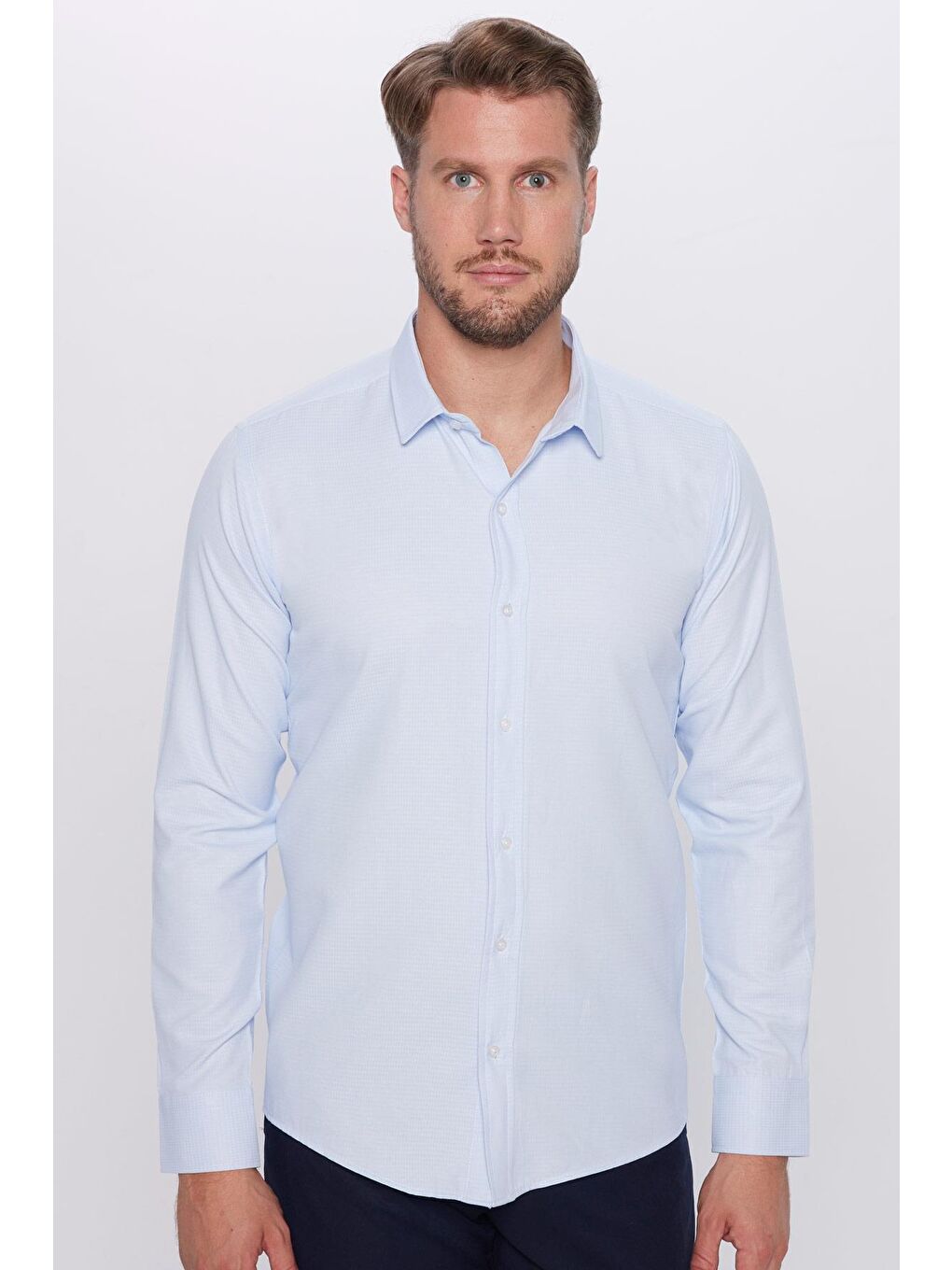 Erkek Modern Fit Dar Kesim Pamuklu Kolay Ütü Armürlü Mavi Gömlek-1