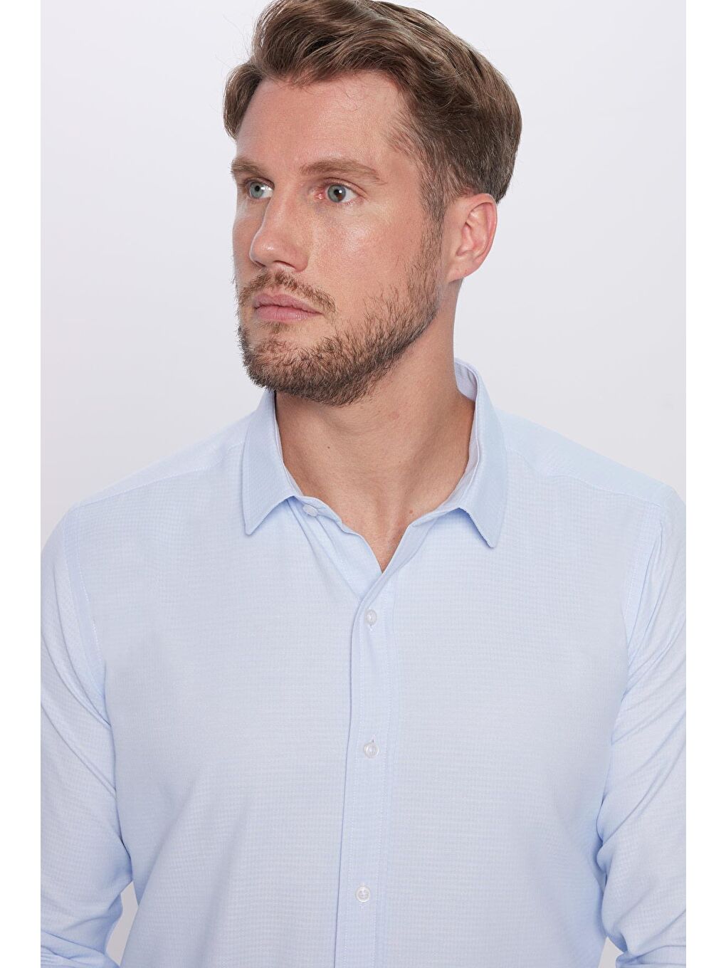 Erkek Modern Fit Dar Kesim Pamuklu Kolay Ütü Armürlü Mavi Gömlek-2