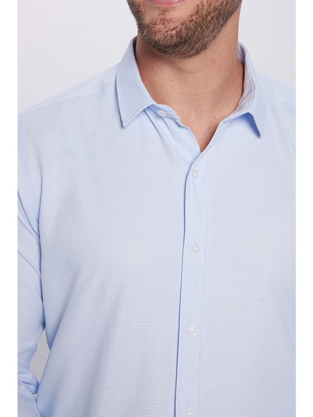 Erkek Modern Fit Dar Kesim Pamuklu Kolay Ütü Armürlü Mavi Gömlek-3