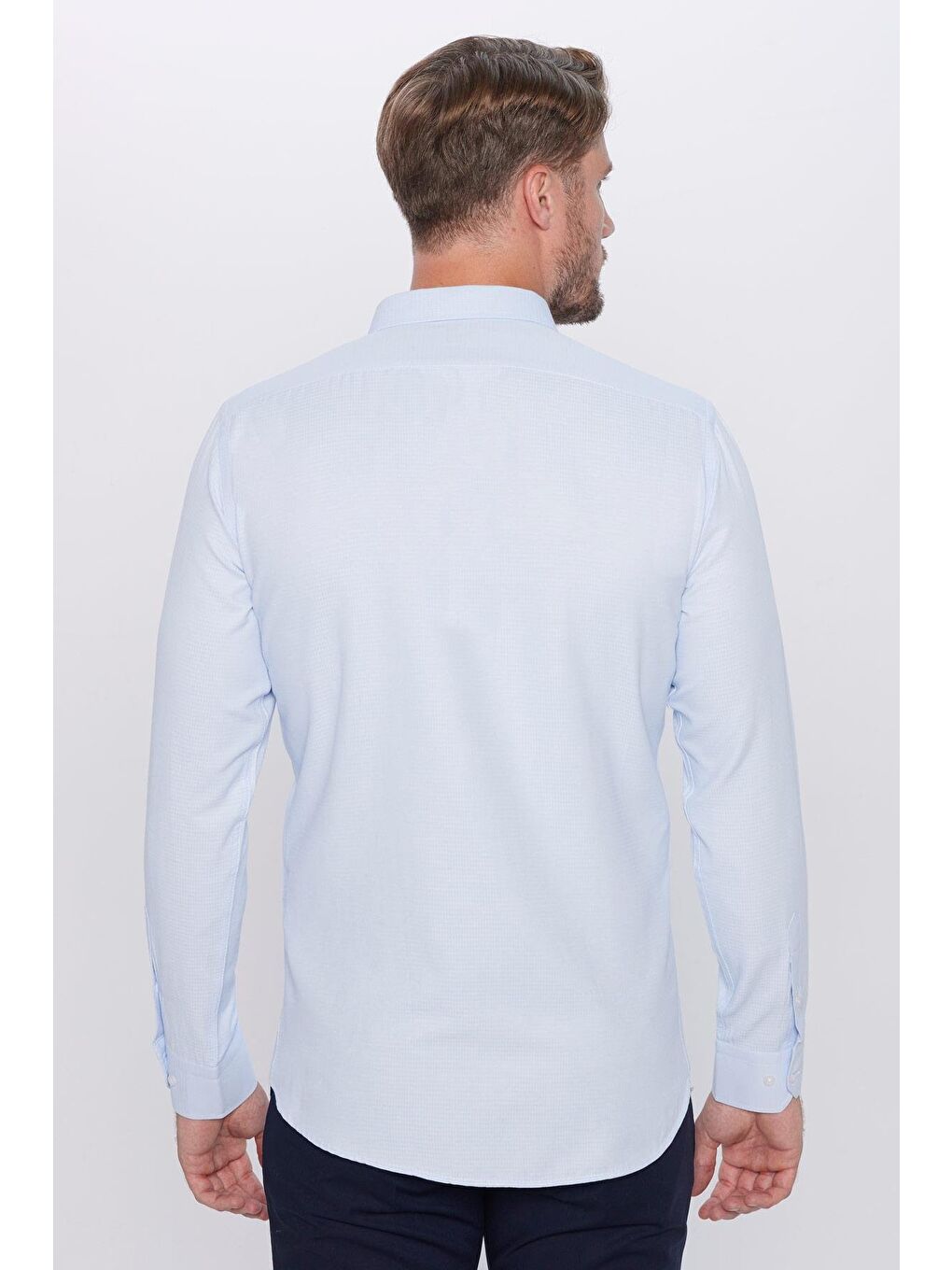 Erkek Modern Fit Dar Kesim Pamuklu Kolay Ütü Armürlü Mavi Gömlek-4