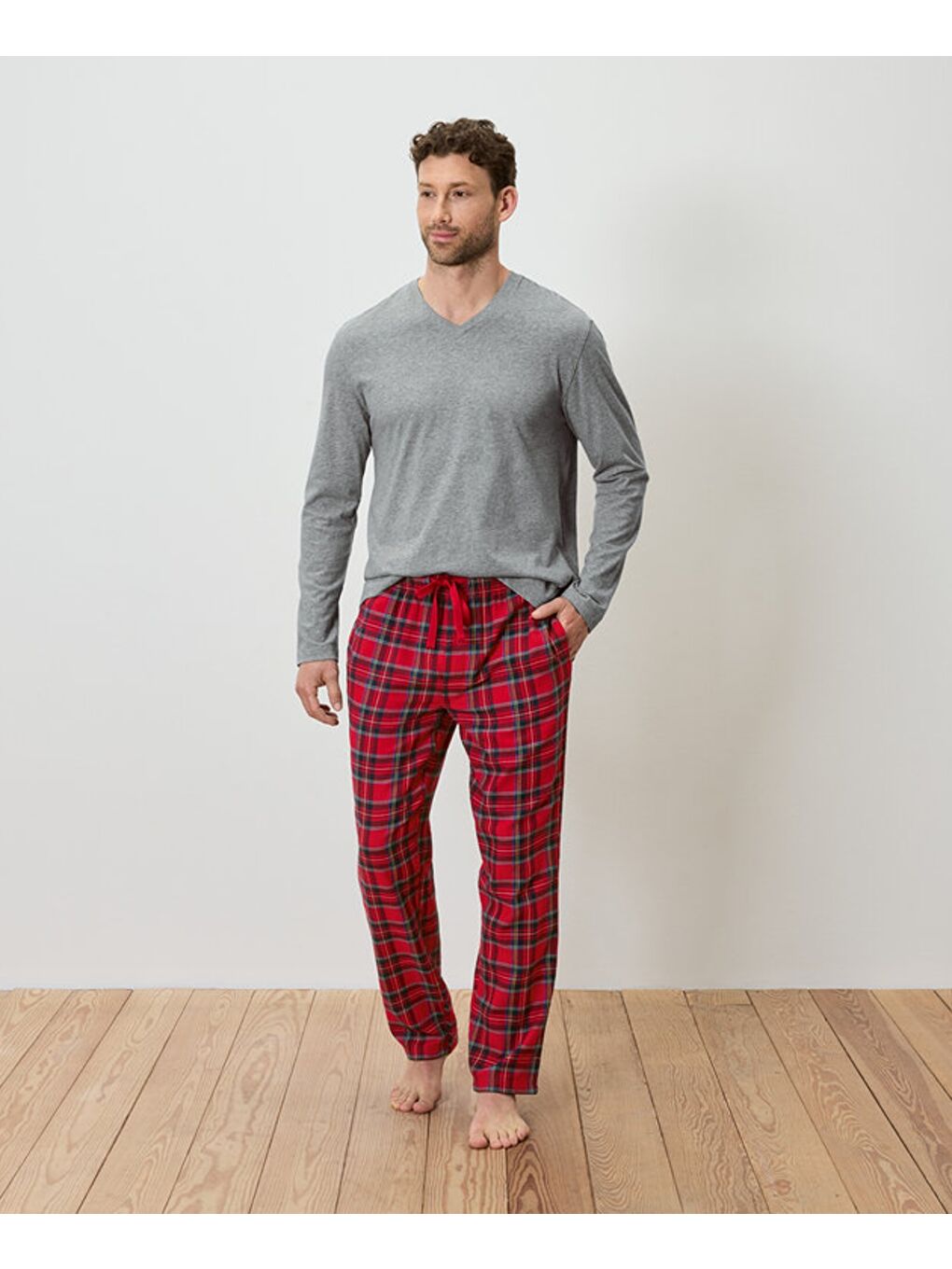 Erkek Pijama Takımı, Flanel, Gri/Kareli