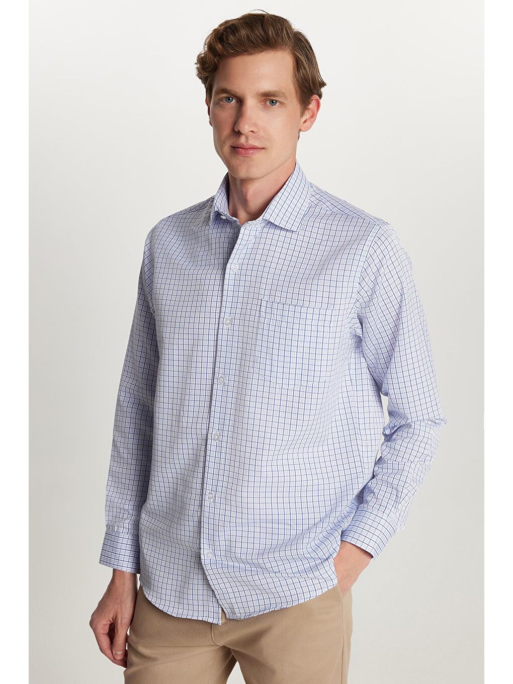 Karışık Erkek Regular Fit Klasik Kesim Tek Cepli Kareli İtalyan Yaka Gömlek-3