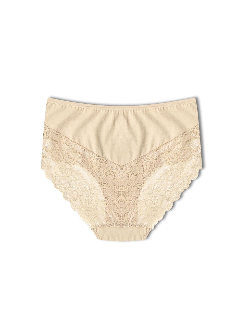 Bej Pamuklu Yüksek Bel Büyük Beden Paçası Dantel Kadın Külot-1