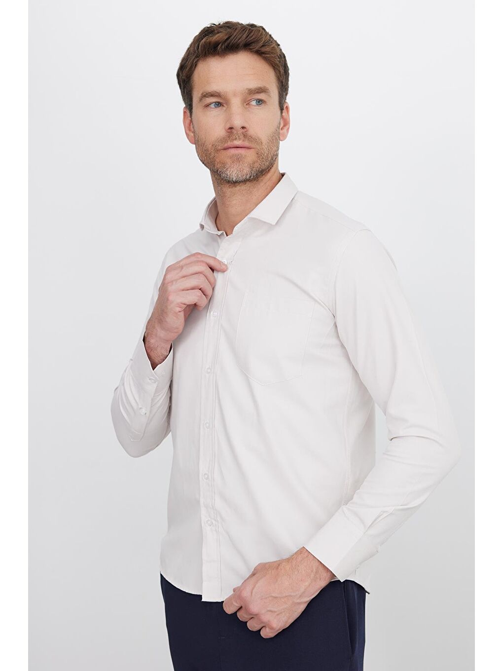 Bej Erkek Regular Fit Klasik Kesim Pamuklu Kolay Ütü Armürlü Taş Rengi Gömlek-4