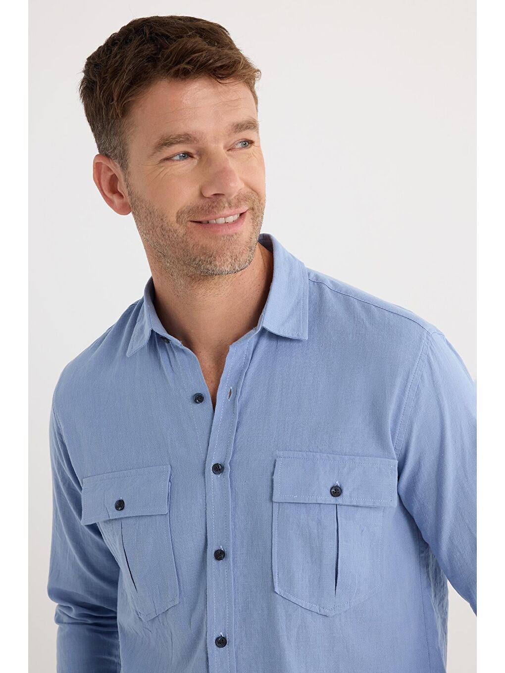 Erkek Regular Fit Klasik Kesim Oversize %100 Pamuk Keten Doku Çift Cep Mavi Gömlek-1