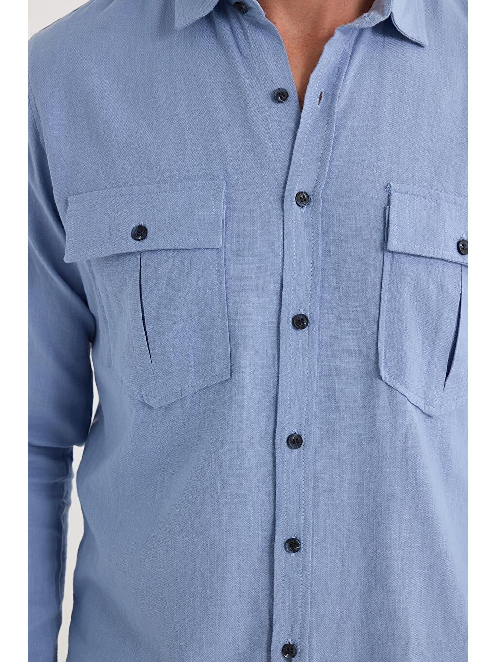 Erkek Regular Fit Klasik Kesim Oversize %100 Pamuk Keten Doku Çift Cep Mavi Gömlek-2