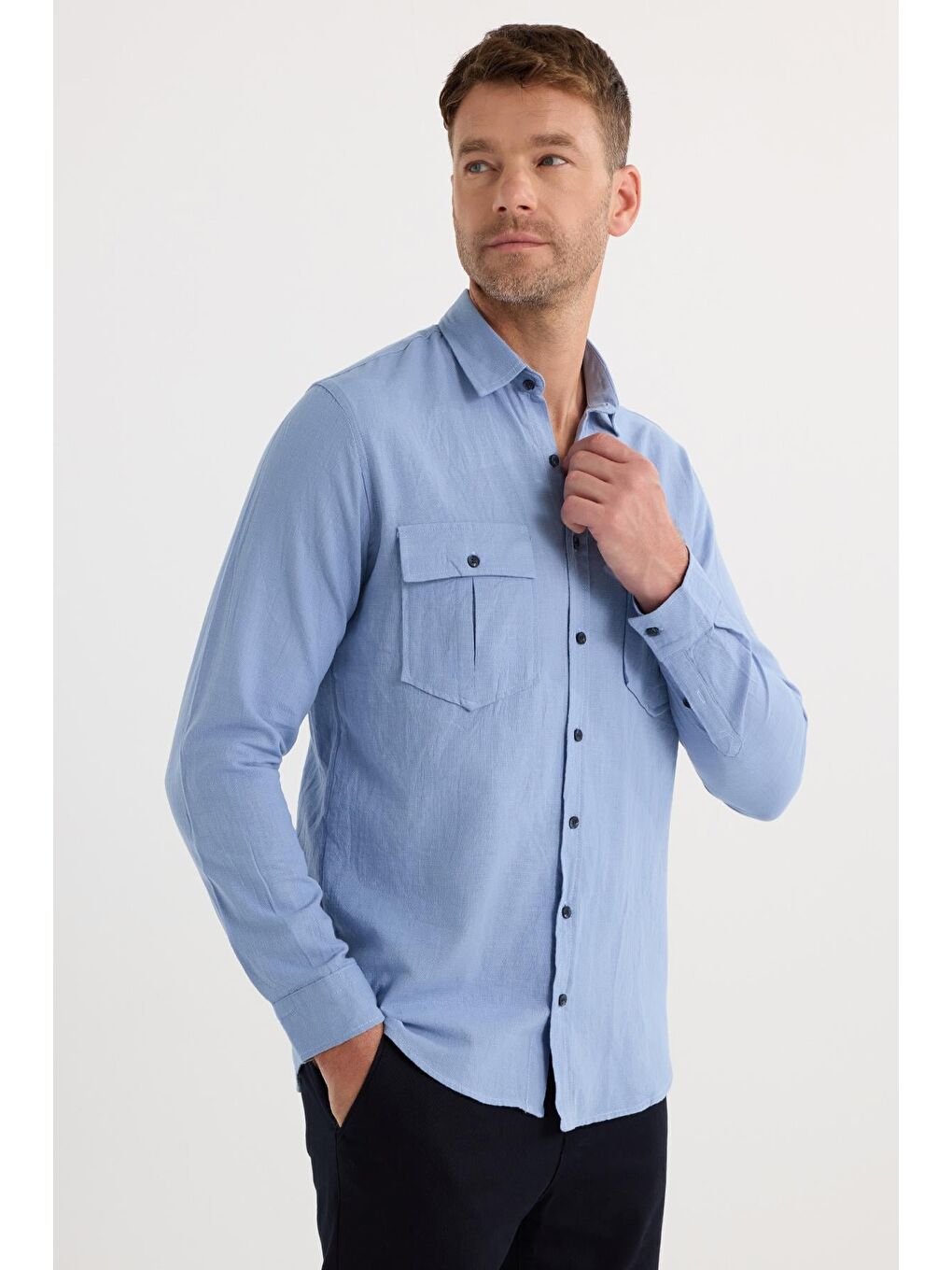 Erkek Regular Fit Klasik Kesim Oversize %100 Pamuk Keten Doku Çift Cep Mavi Gömlek-3