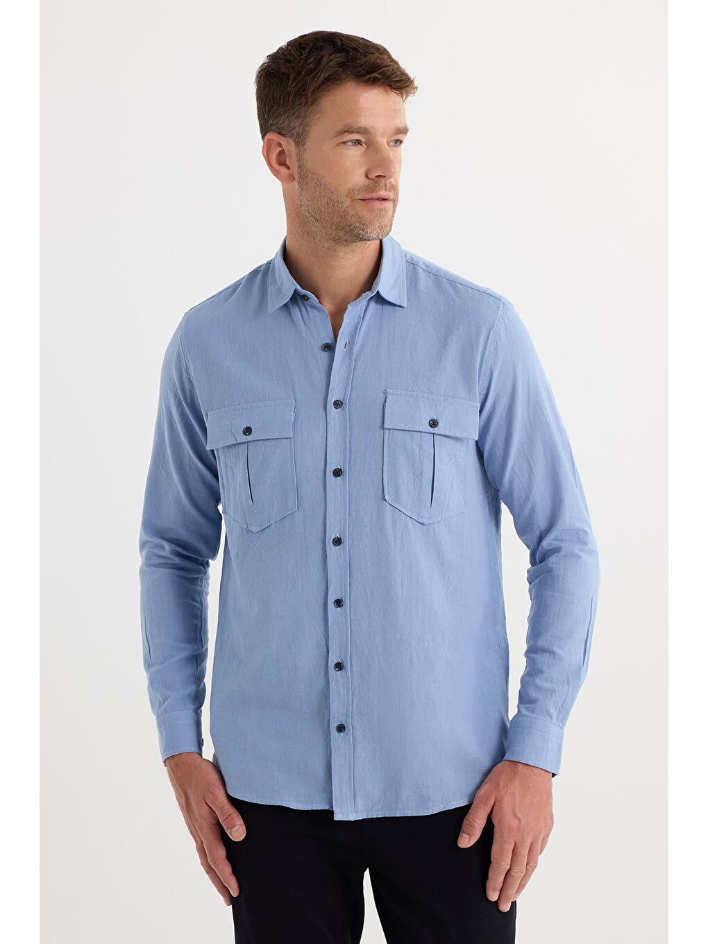 Erkek Regular Fit Klasik Kesim Oversize %100 Pamuk Keten Doku Çift Cep Mavi Gömlek-4