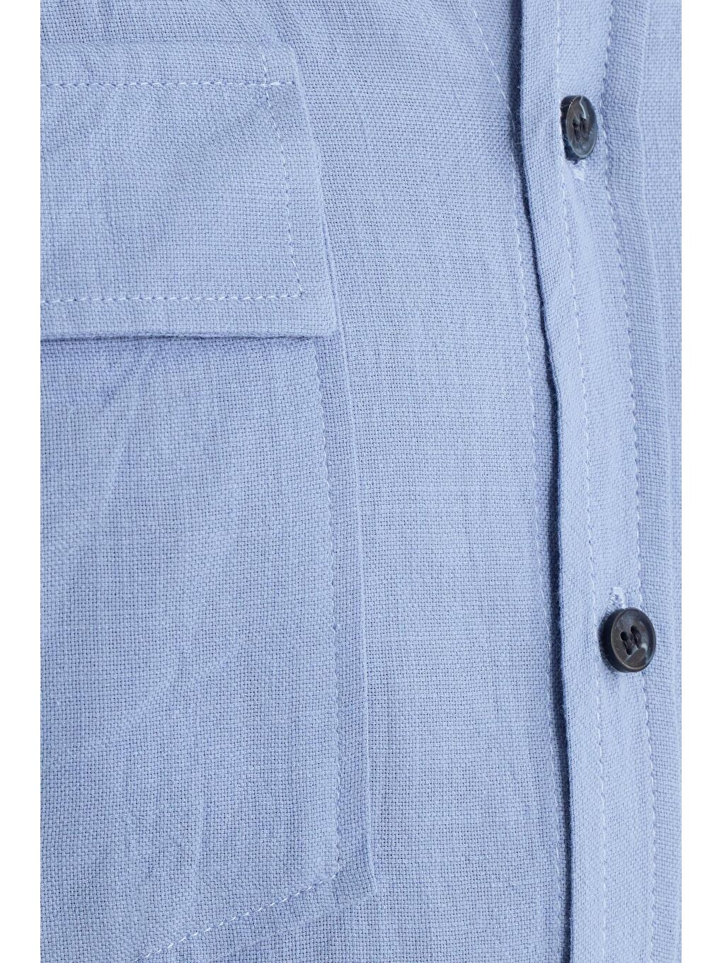Erkek Regular Fit Klasik Kesim Oversize %100 Pamuk Keten Doku Çift Cep Mavi Gömlek-5