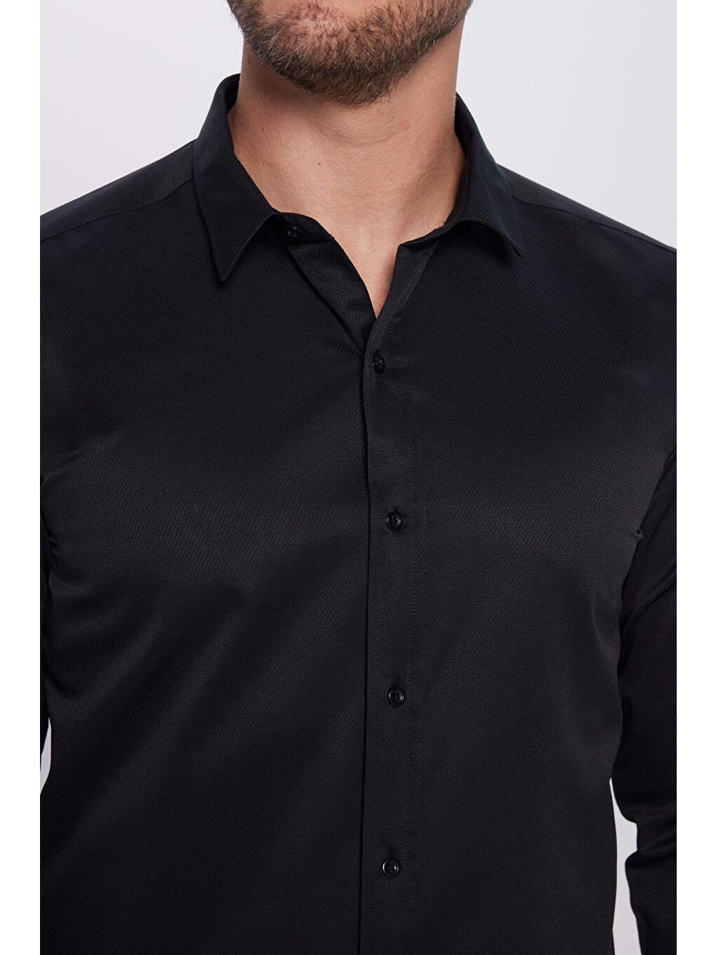 Erkek Modern Fit Dar Kesim Pamuklu Kolay Ütü Armürlü Siyah Gömlek-3