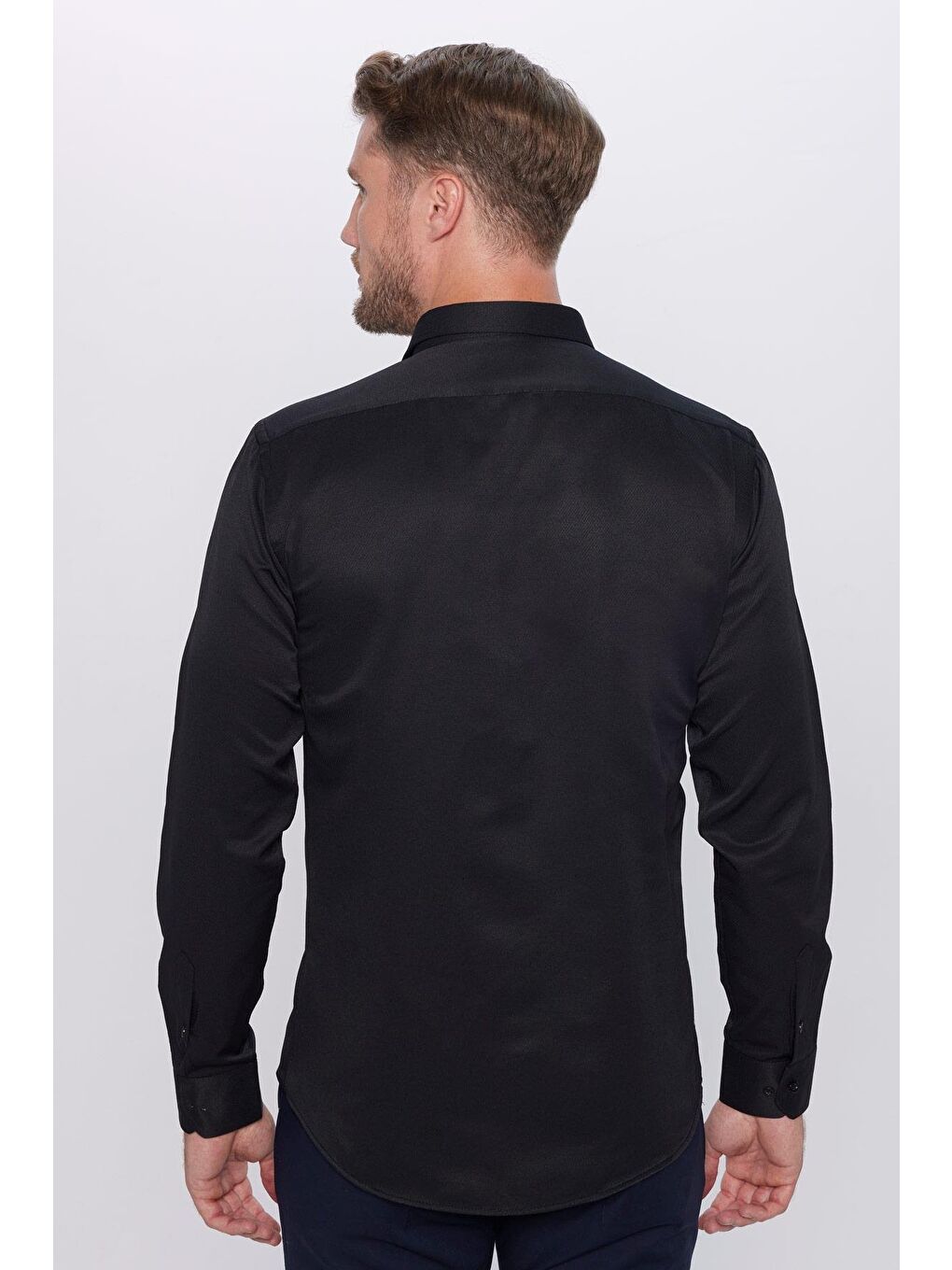 Erkek Modern Fit Dar Kesim Pamuklu Kolay Ütü Armürlü Siyah Gömlek-4