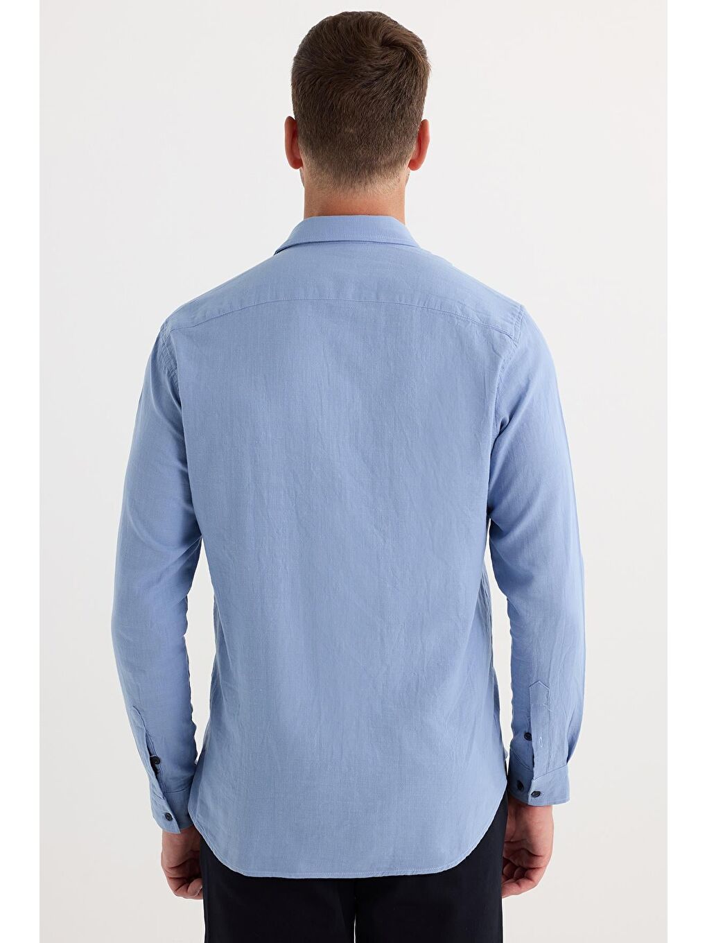 Erkek Regular Fit Klasik Kesim Oversize %100 Pamuk Keten Doku Çift Cep Mavi Gömlek-6