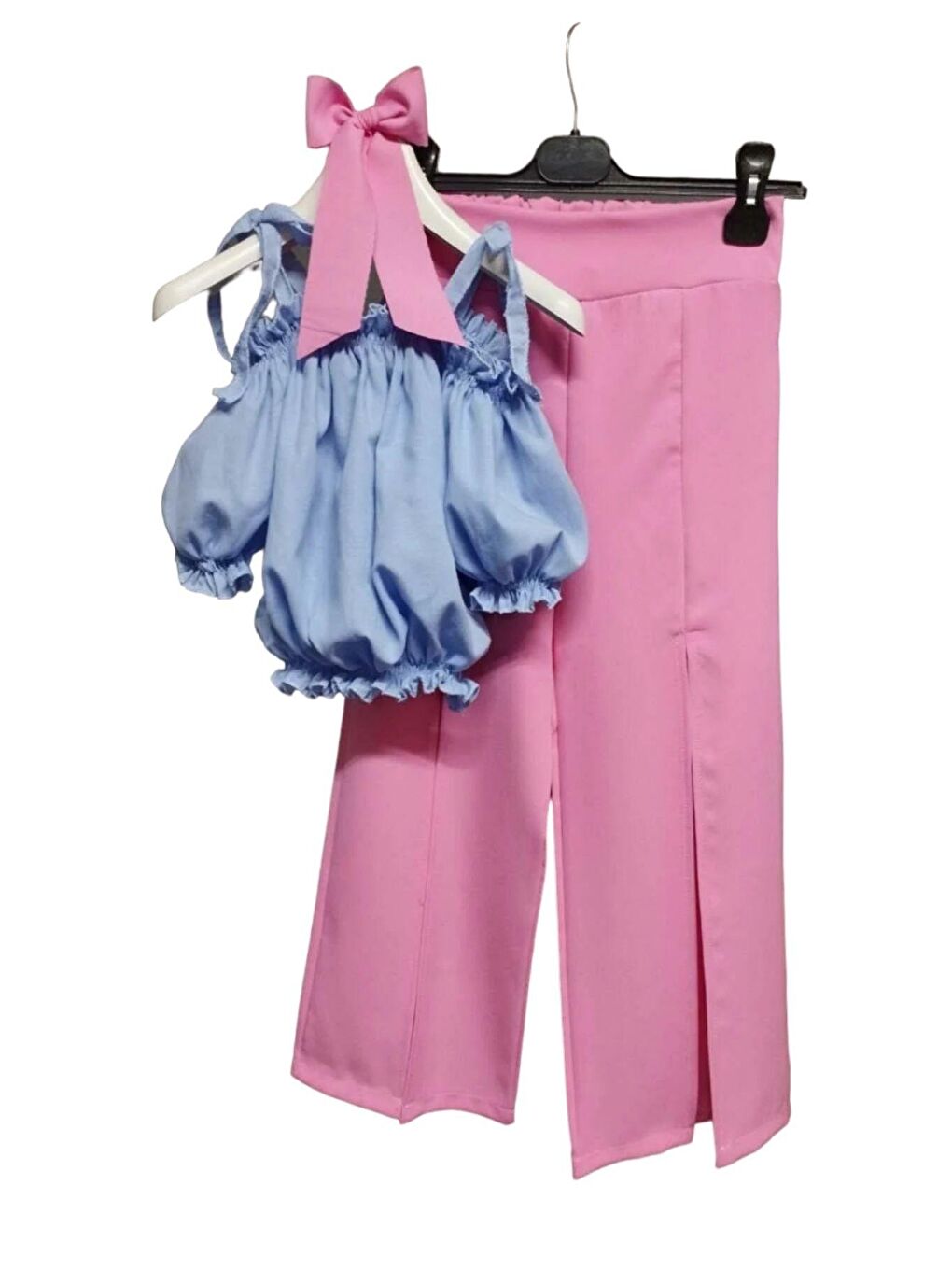 Kız Çocuk Düşük Omuzlu Göğsü ve Beli Manşetli Crop ve Yırtmaç Detaylı Mavi Alt Üst Takım-3