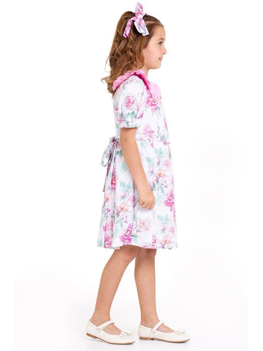 Kız Çocuk Bebe Yaka Çiçek Desenli Beyaz Elbise-4
