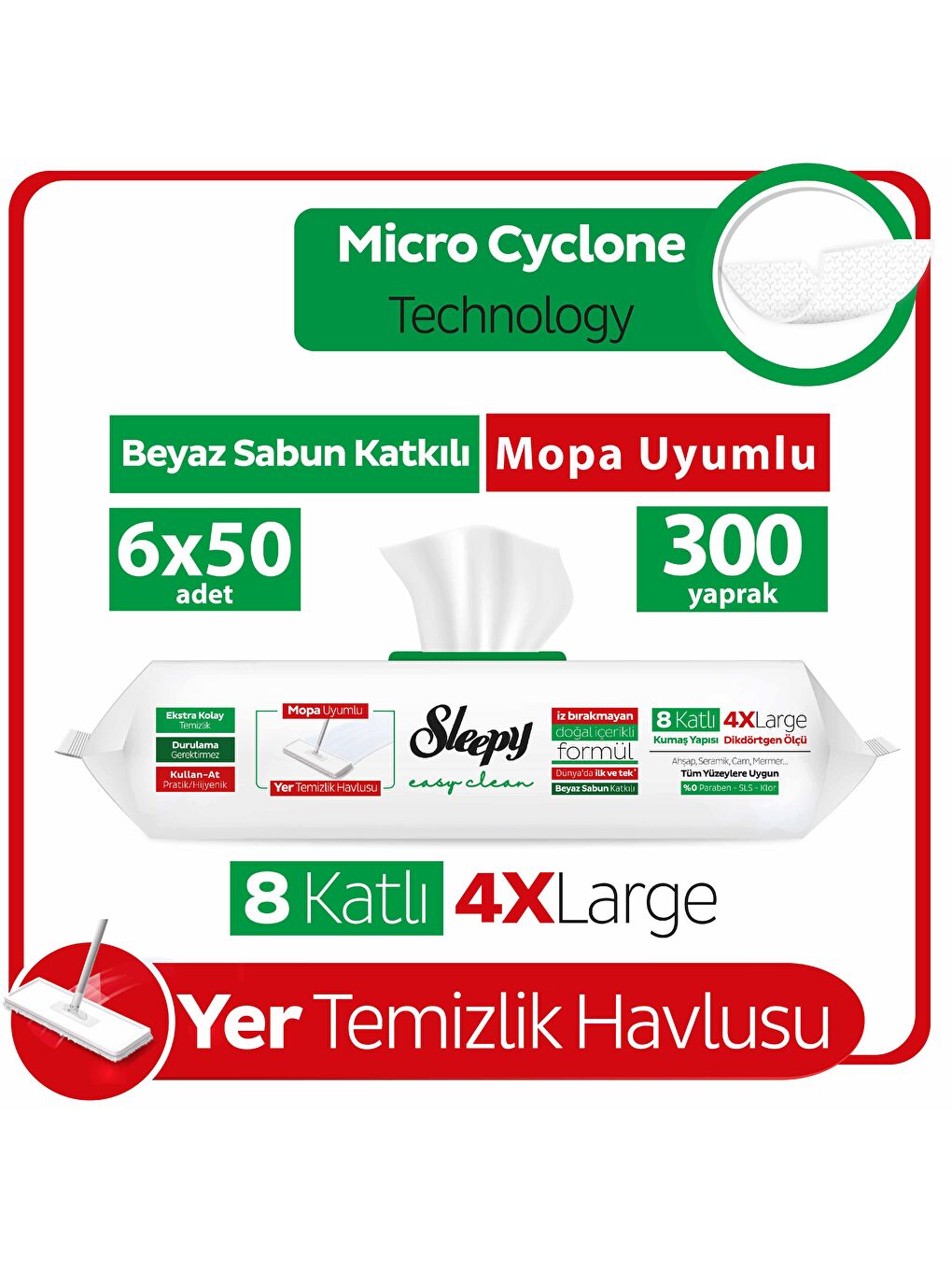 Sleepy Beyaz Easy Clean Beyaz Sabun Katkılı Mopa Uyumlu Yer Temizlik Havlusu 6x50 (300 Yaprak)