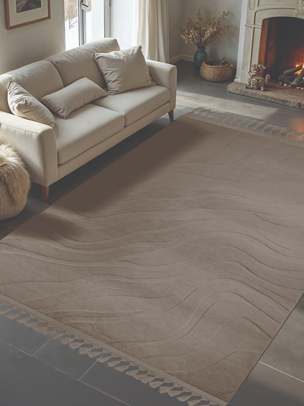 Bej ALAÇATI PÜSKÜLLÜ PARÇA HALI 150X230 LOREY K.BEJ