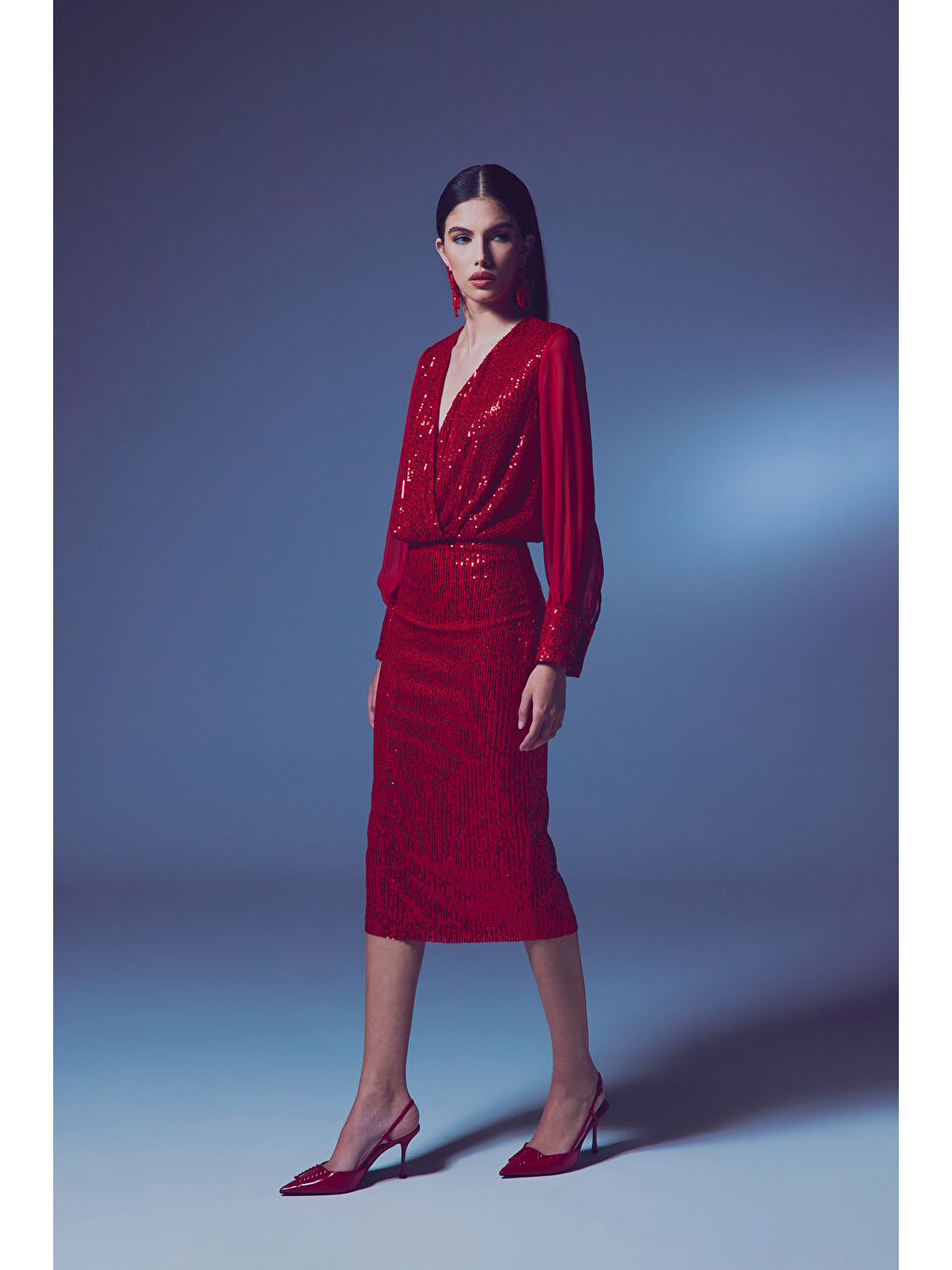 Payet Detaylı Kalem Etek - Kırmızı-1