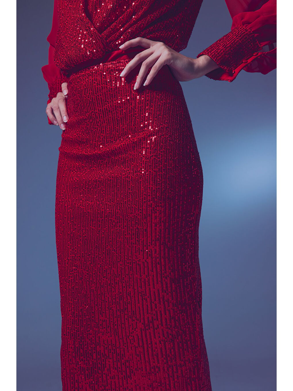 Payet Detaylı Kalem Etek - Kırmızı-4