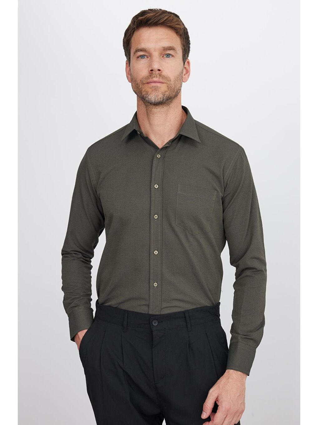 Erkek Regular Fit Klasik Kesim Pamuklu Tek Cepli Armürlü Haki Gömlek-1