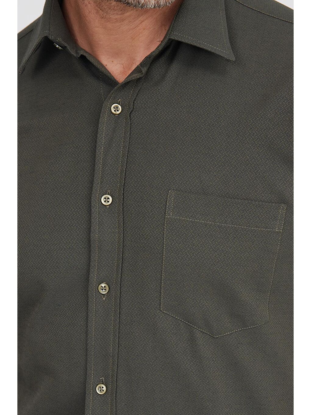 Erkek Regular Fit Klasik Kesim Pamuklu Tek Cepli Armürlü Haki Gömlek-2