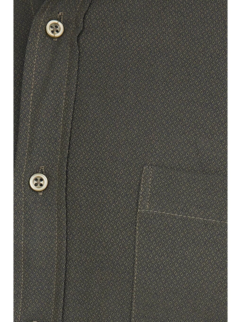 Erkek Regular Fit Klasik Kesim Pamuklu Tek Cepli Armürlü Haki Gömlek-5