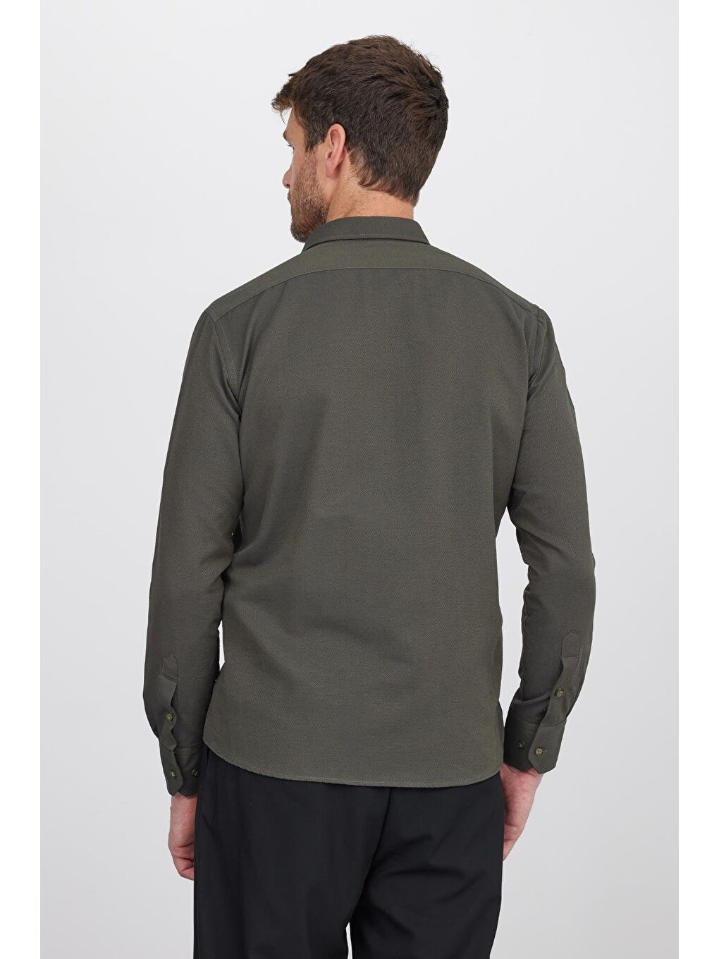 Erkek Regular Fit Klasik Kesim Pamuklu Tek Cepli Armürlü Haki Gömlek-6