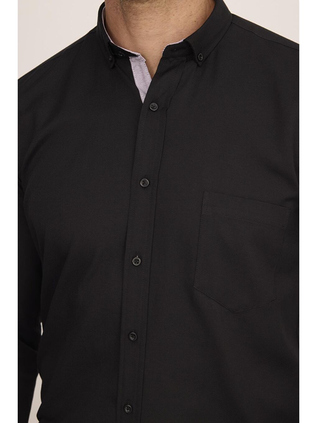 Erkek Regular Fit Klasik Kesim Düğmeli Yaka Pamuklu Kolay Ütü Oxford Düz Siyah Gömlek-2