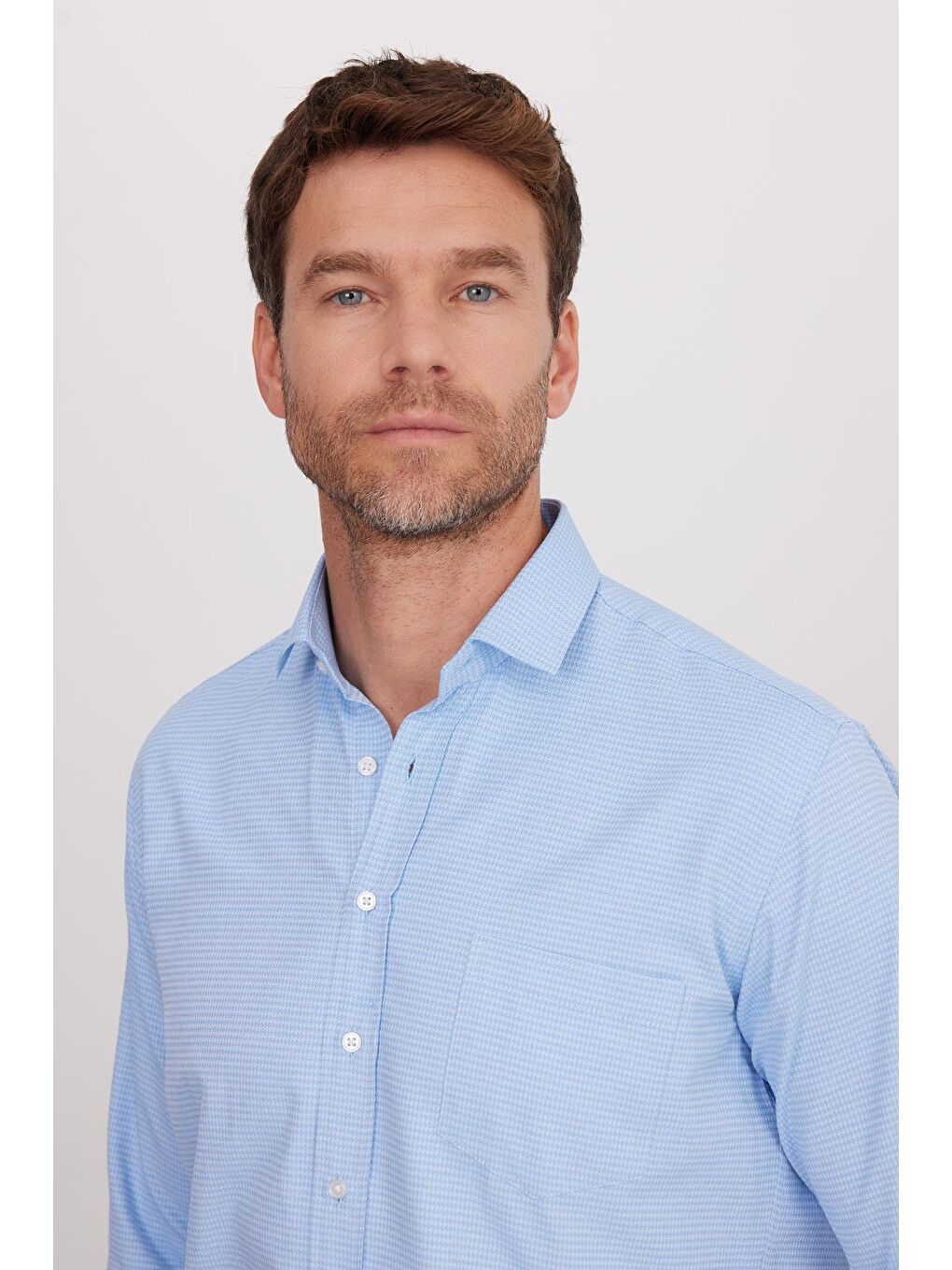 Erkek Regular Fit Klasik Kesim Pamuklu Tek Cepli Armürlü Mavi Gömlek-1