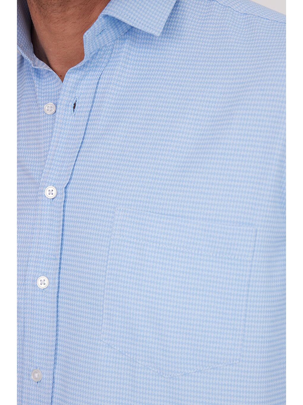 Erkek Regular Fit Klasik Kesim Pamuklu Tek Cepli Armürlü Mavi Gömlek-2