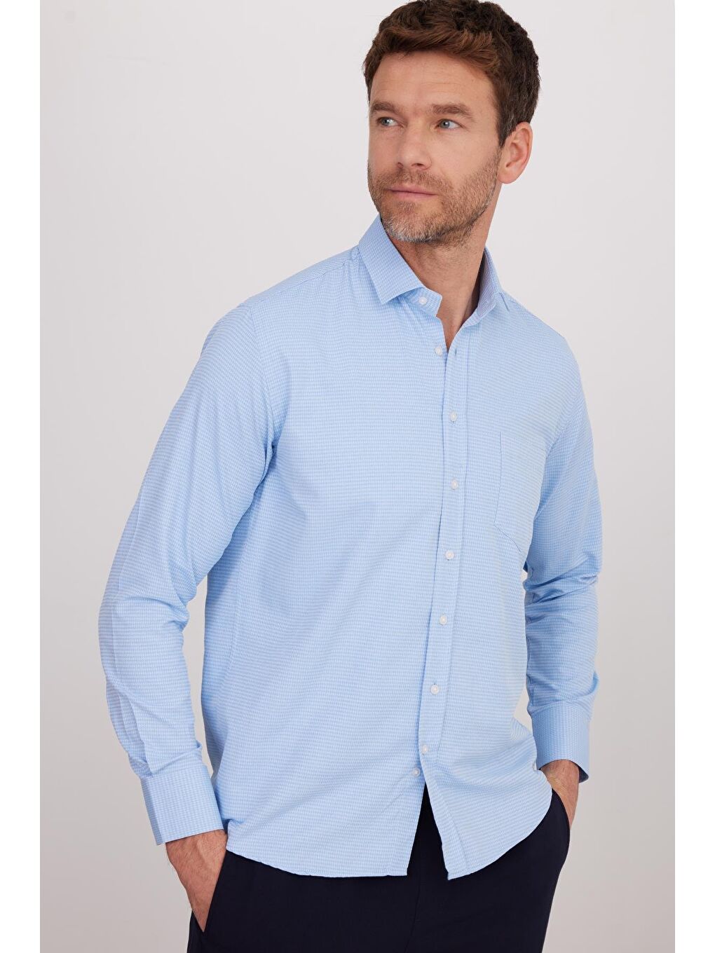 Erkek Regular Fit Klasik Kesim Pamuklu Tek Cepli Armürlü Mavi Gömlek-4