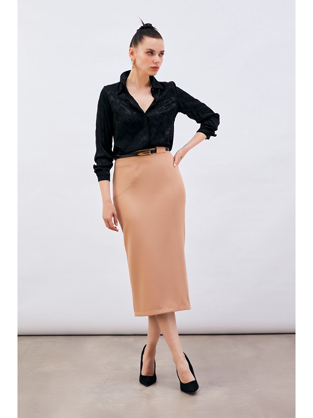 Kahverengi Kemerli Midi Boy Kalem Etek - Camel