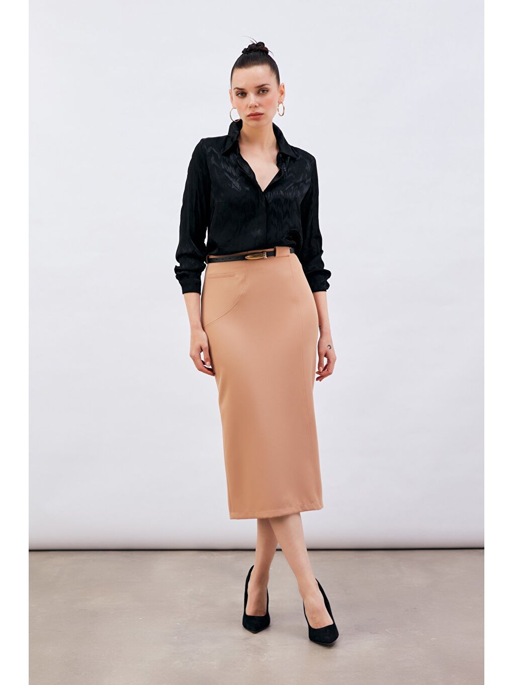 Kahverengi Kemerli Midi Boy Kalem Etek - Camel-1